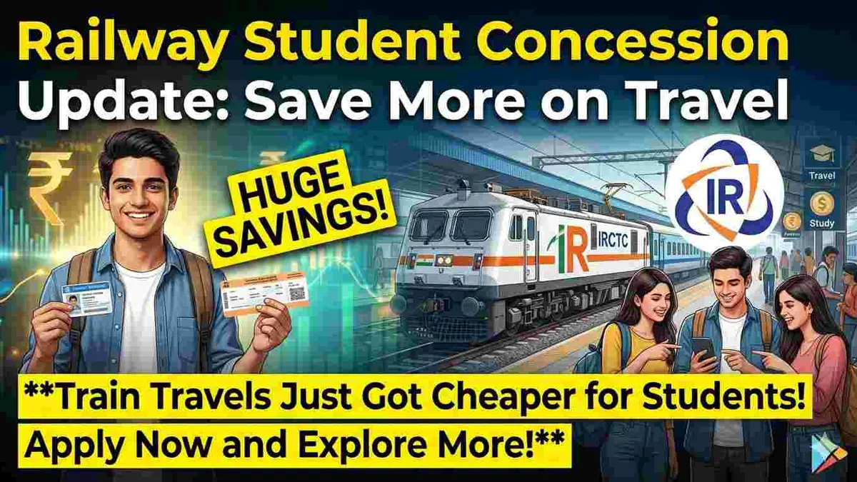 Indian college student checking railway ticket discount details at a busy railway station