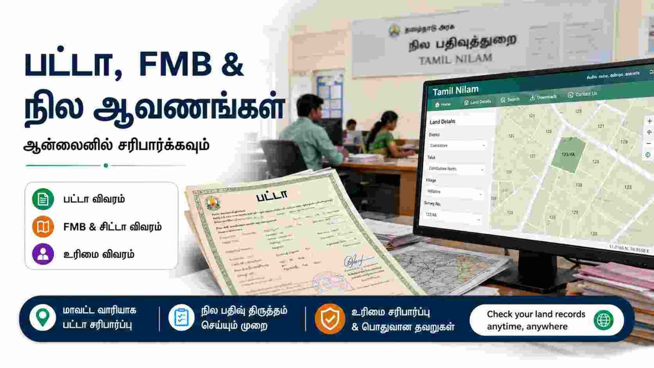 Tamil Nadu land record office showing Patta and FMB documents alongside a digital land-map screen