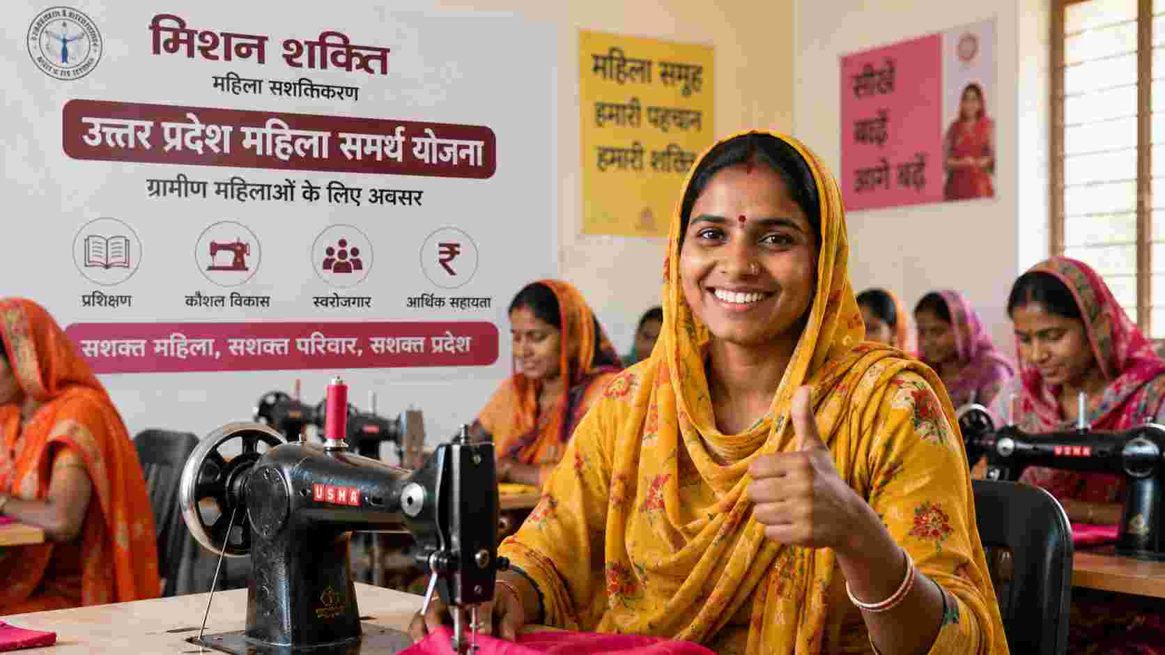 Women participating in a skill development and Self-Help Group training programme under Uttar Pradesh's Mahila Samarthya Yojana.
