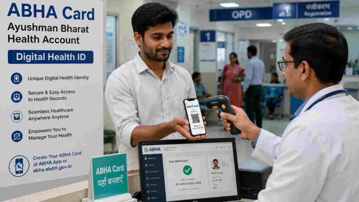An Indian family using a smartphone to access digital health records through an ABHA Card.