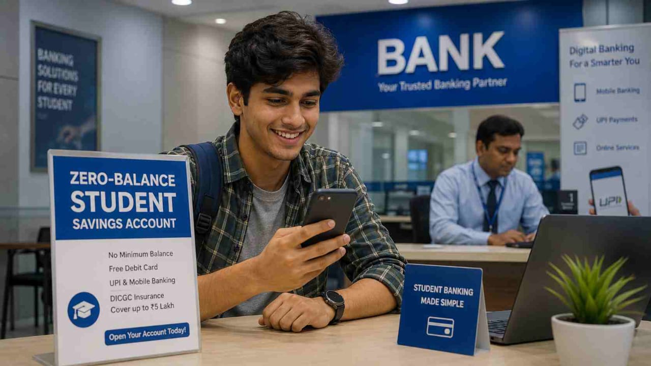 Student using UPI mobile banking at a bank branch for a zero balance student savings account