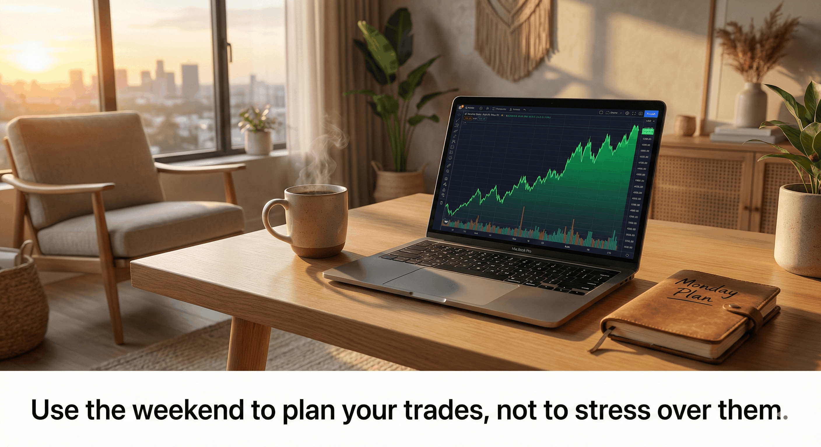 A coffee cup on a trading desk with weekend stock market charts.