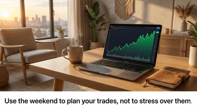 A coffee cup on a trading desk with weekend stock market charts.
