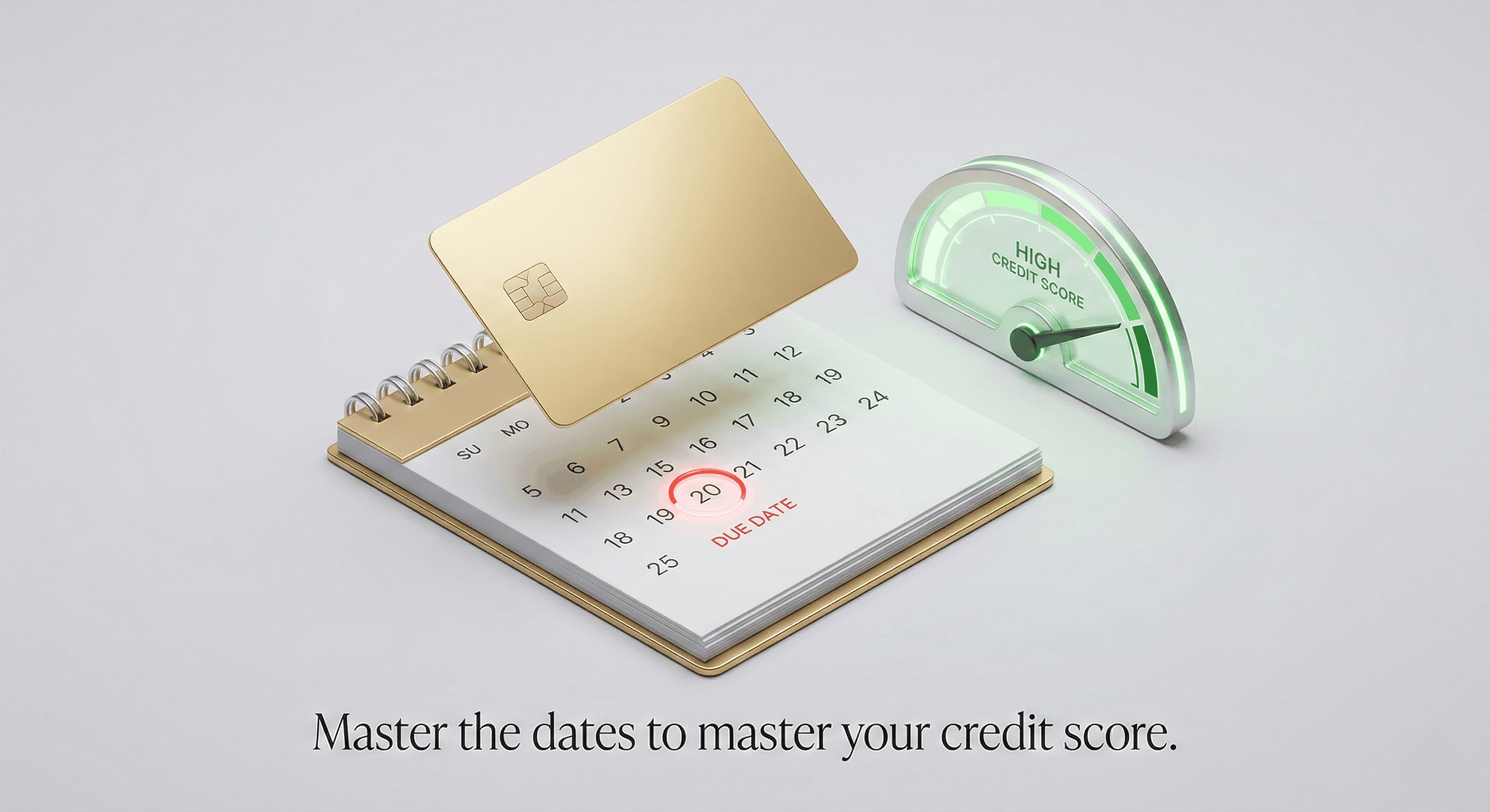 Alt Text: A 3D illustration of a credit card bill date on a calendar and a credit score gauge.