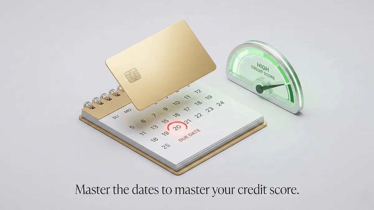 Alt Text: A 3D illustration of a credit card bill date on a calendar and a credit score gauge.