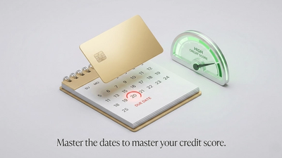 Alt Text: A 3D illustration of a credit card bill date on a calendar and a credit score gauge.
