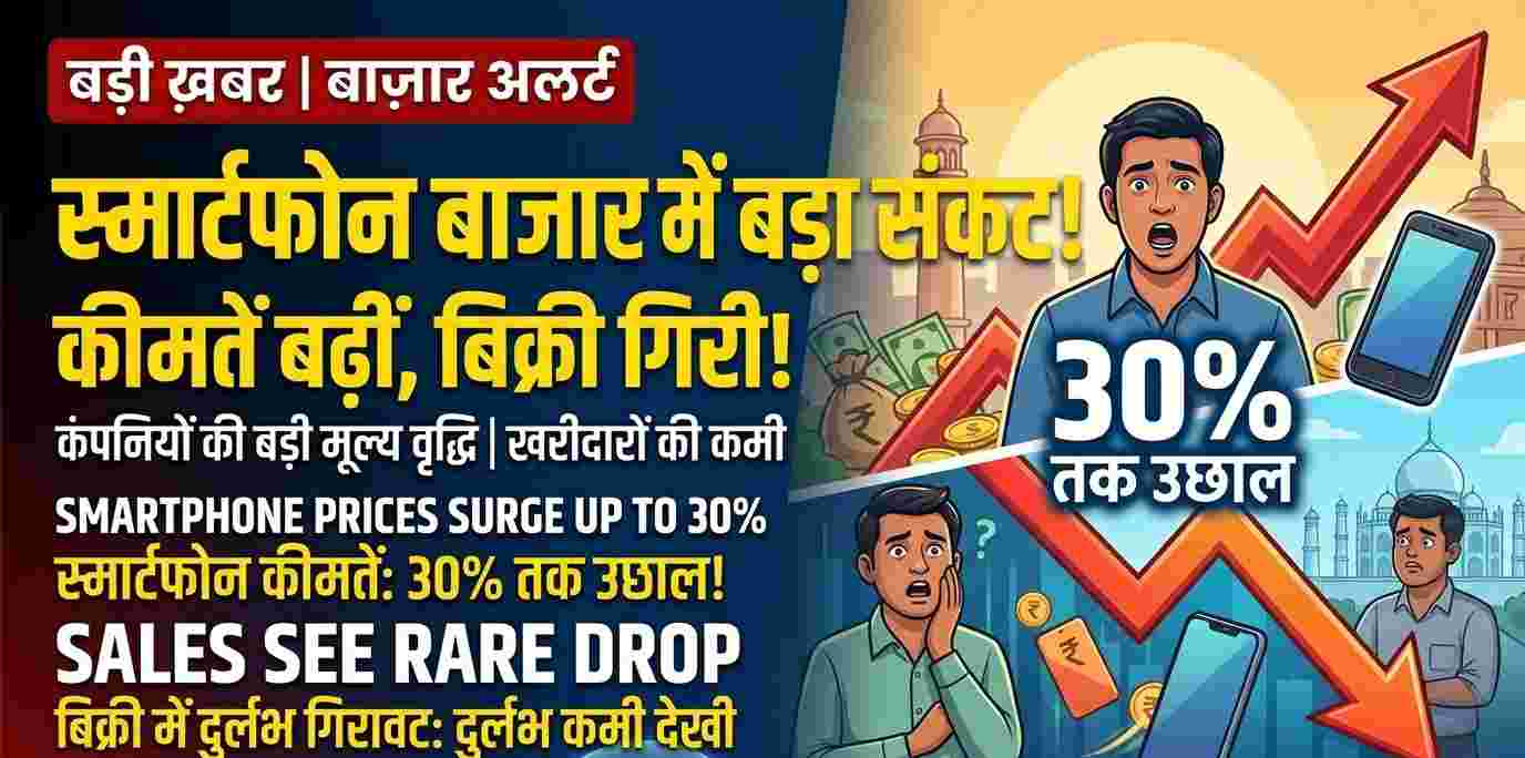 An Indian family checking rising smartphone prices on a mobile shopping app with worried expressions.