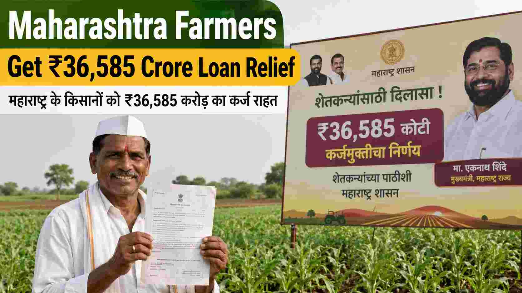 A Maharashtra farmer and his family reviewing loan relief documents near their farm after a major government support announcement.