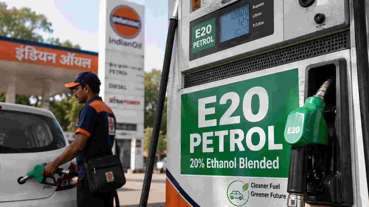 Driver refuelling a petrol car at an Indian fuel station with E20 petrol signage displayed beside the pump.