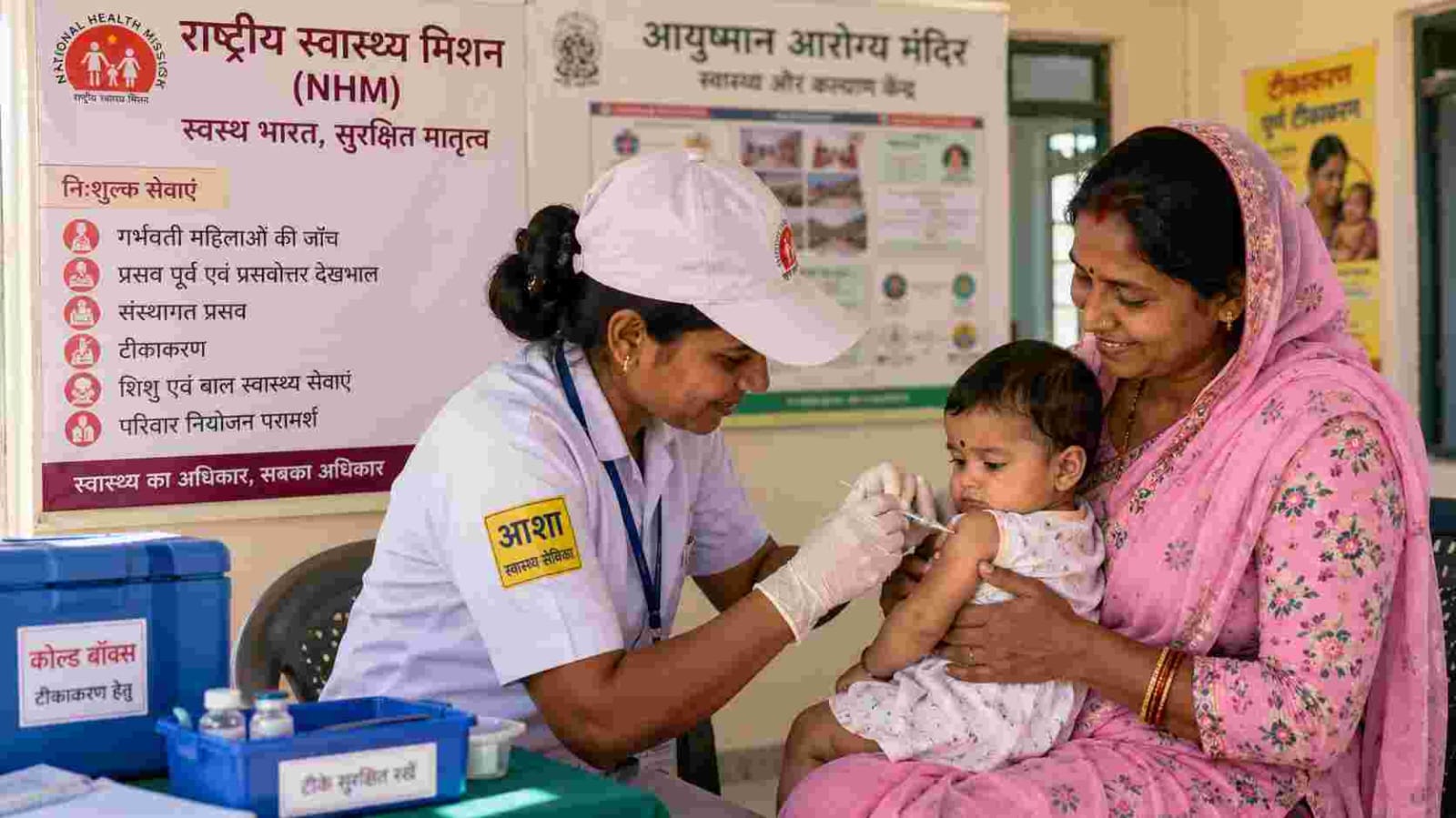 Pregnant woman receiving a free antenatal health check-up at an Ayushman Arogya Mandir in Uttar Pradesh under the National Health Mission.