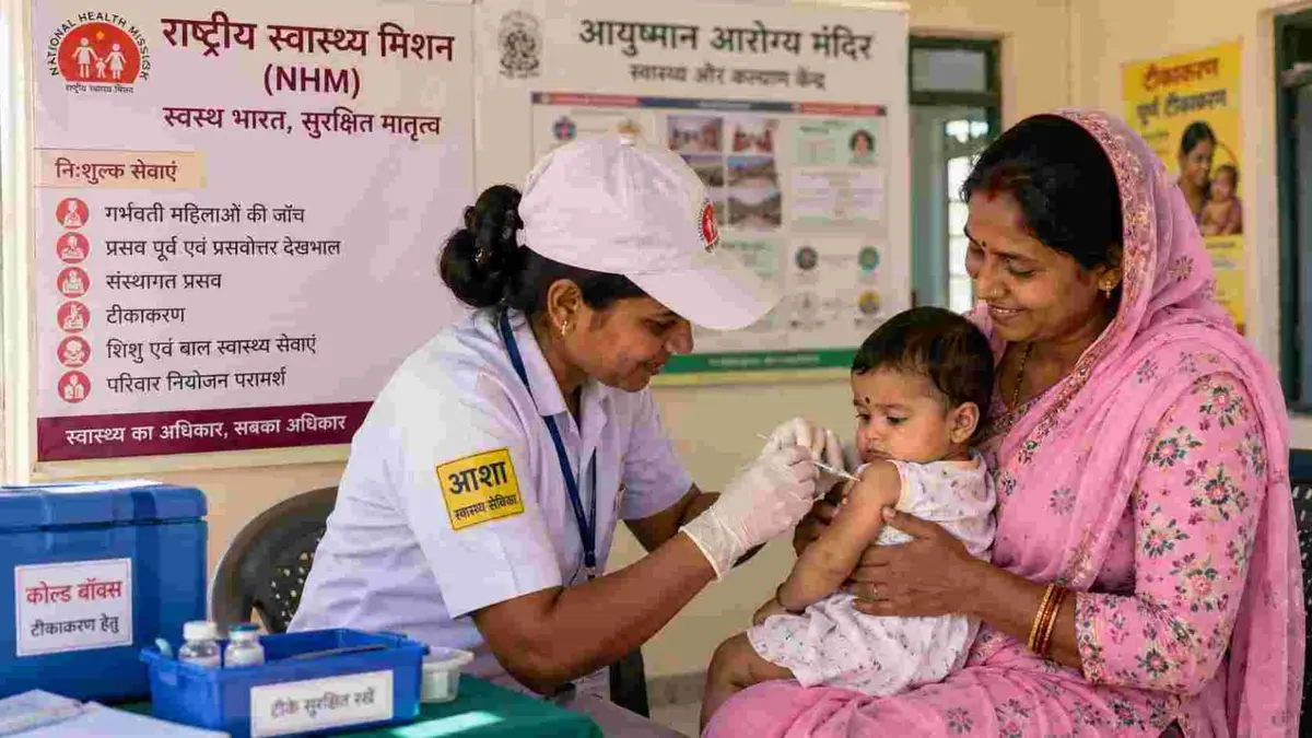 Pregnant woman receiving a free antenatal health check-up at an Ayushman Arogya Mandir in Uttar Pradesh under the National Health Mission.