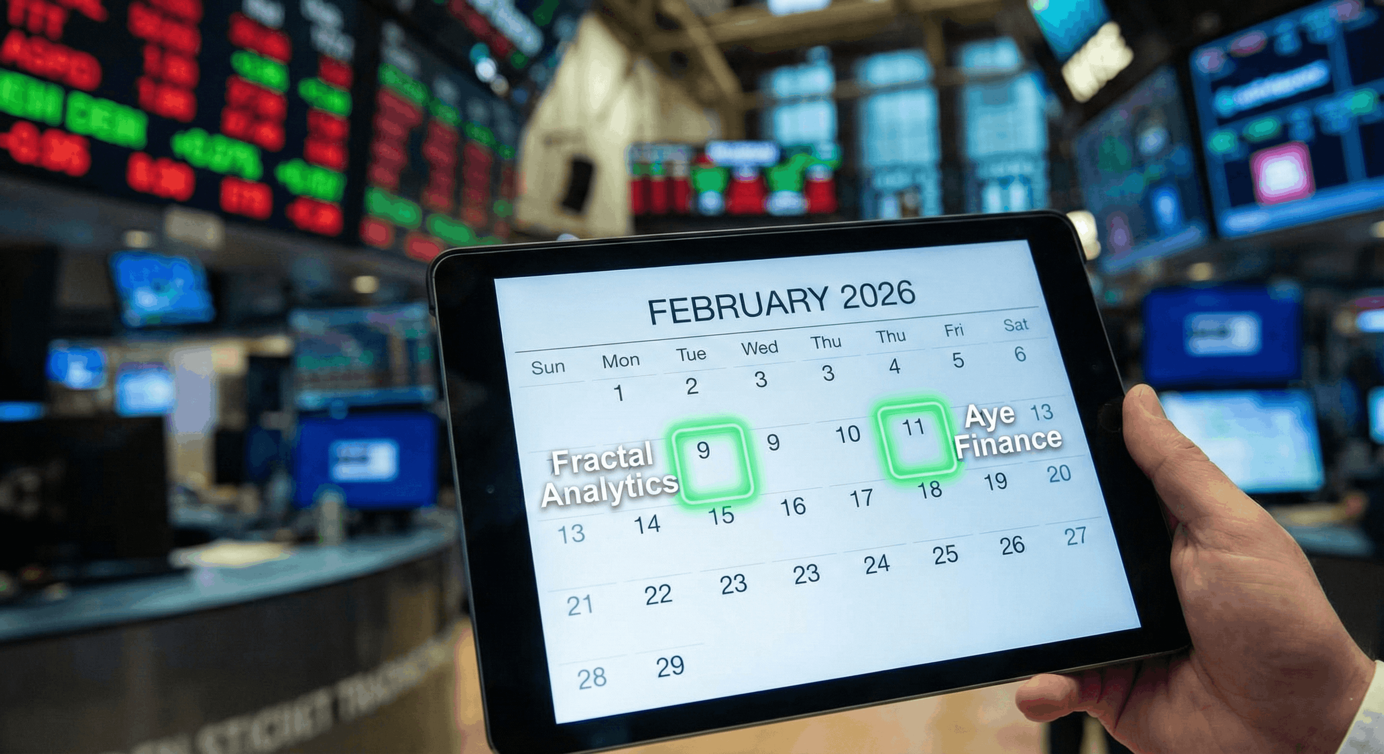 Calendar showing February 2026 IPO dates for Fractal Analytics and Aye Finance.