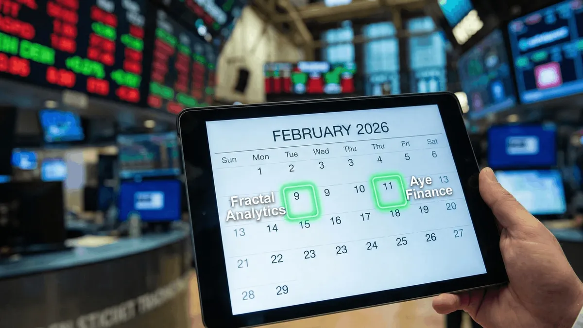 Calendar showing February 2026 IPO dates for Fractal Analytics and Aye Finance.
