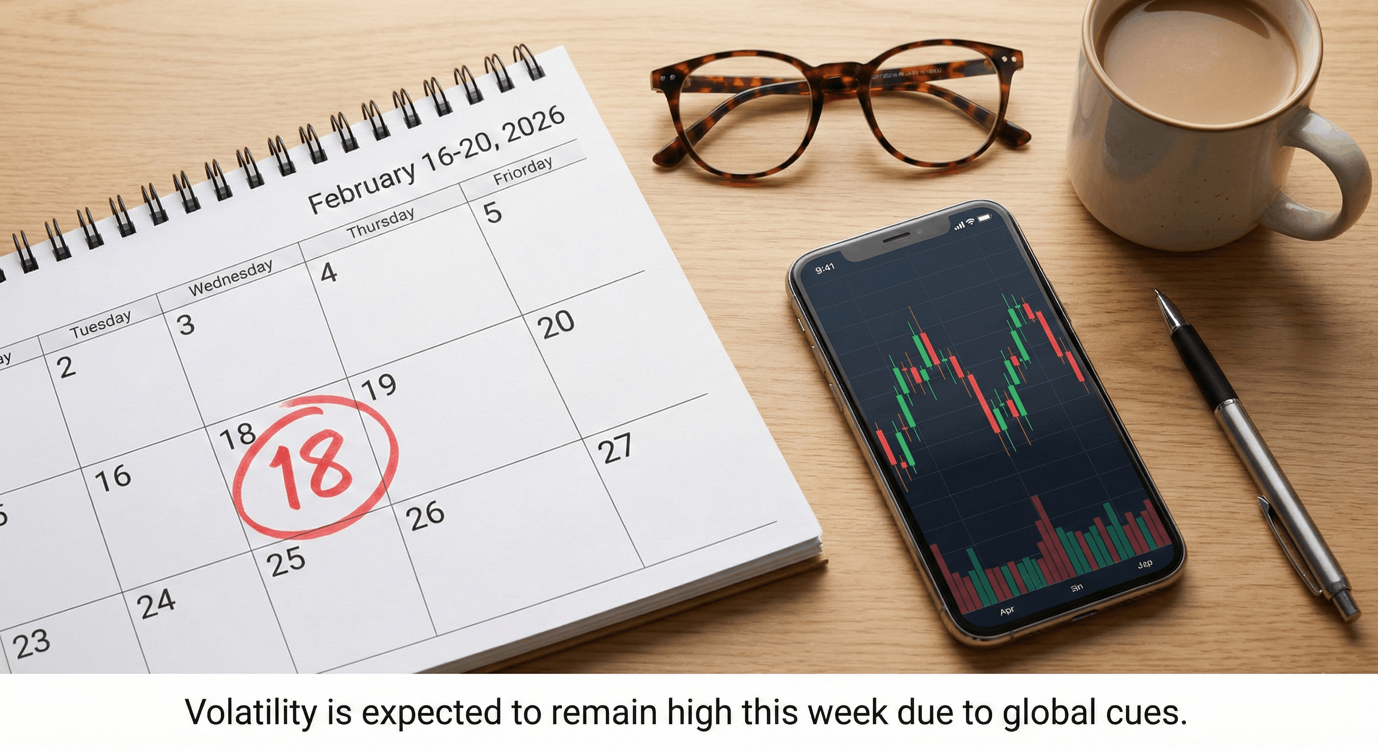 A calendar marked with February 16-20 and a rising stock graph.