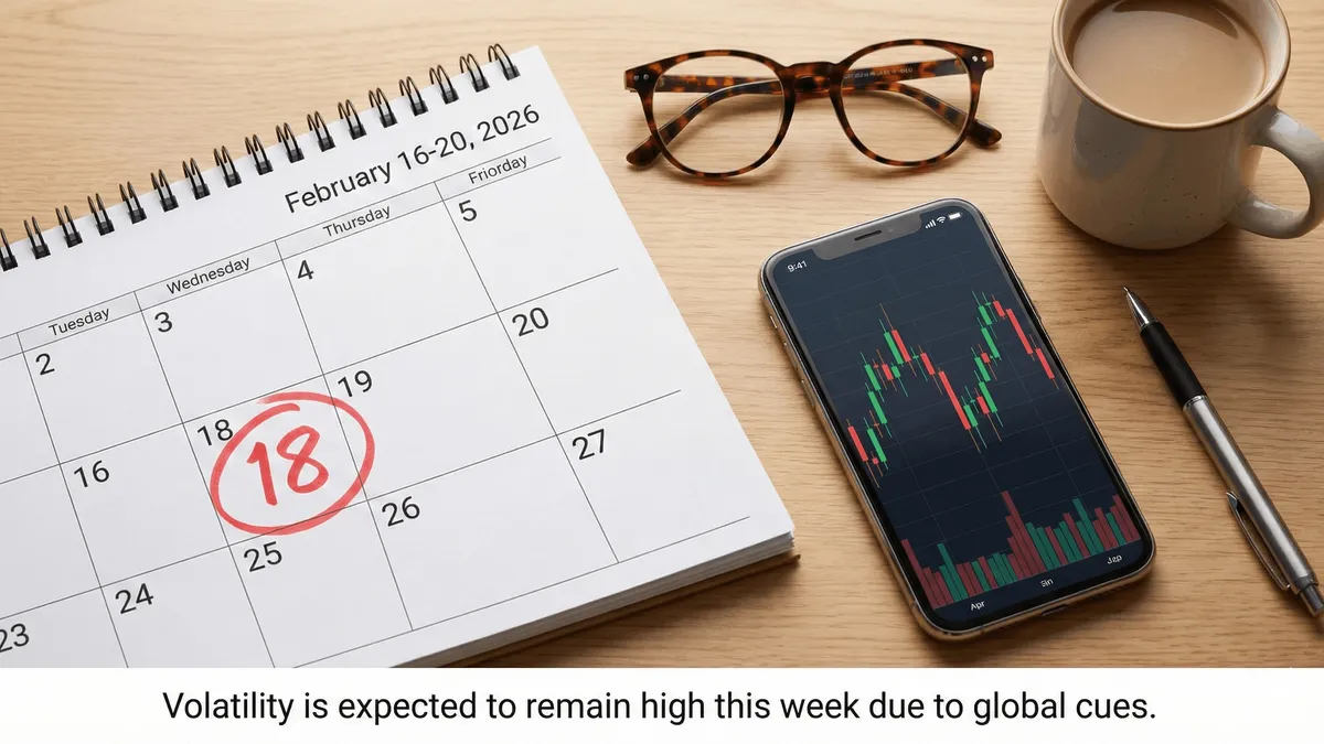 A calendar marked with February 16-20 and a rising stock graph.