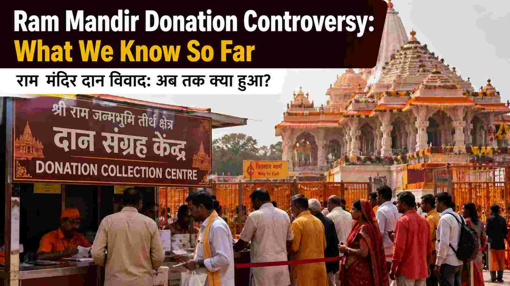 An Indian family reading news updates about Ram Mandir donations while devotees visit the temple in Ayodhya.