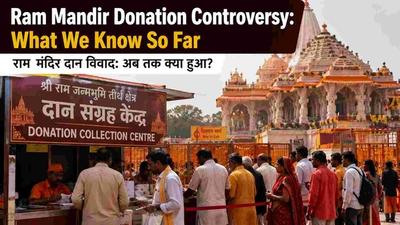 An Indian family reading news updates about Ram Mandir donations while devotees visit the temple in Ayodhya.