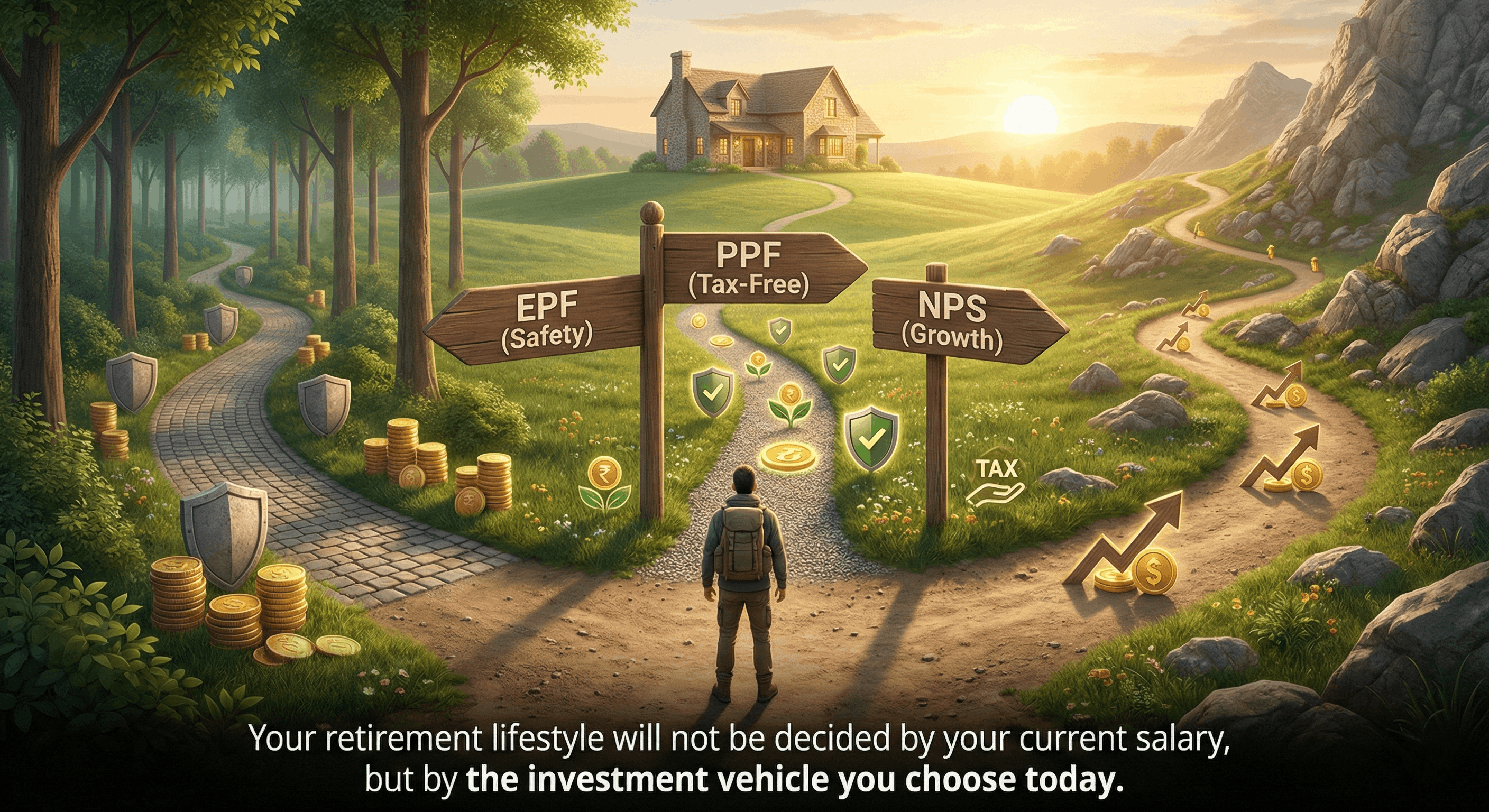 Three glowing jars labeled EPF, PPF, and NPS filling up with gold coins.