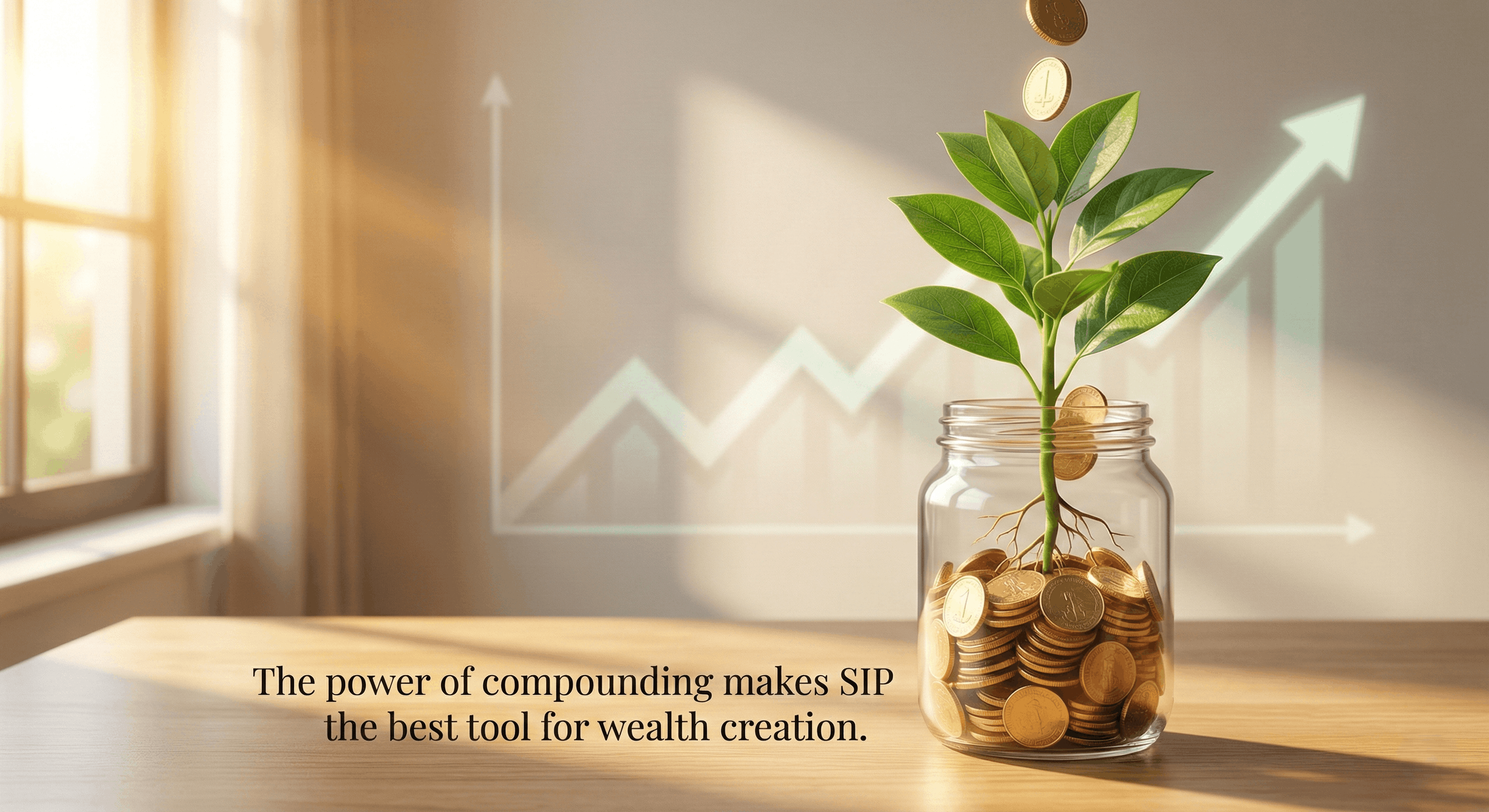 A small plant growing out of a stack of gold coins with a graph background.