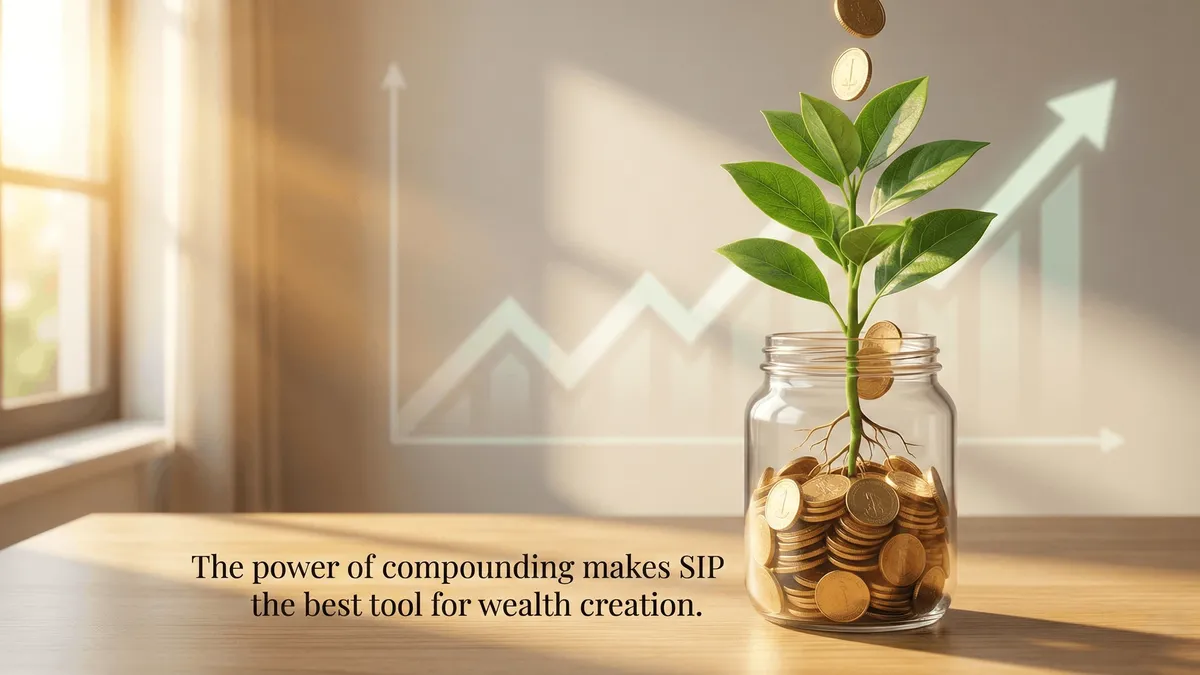 A small plant growing out of a stack of gold coins with a graph background.