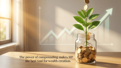 A small plant growing out of a stack of gold coins with a graph background.