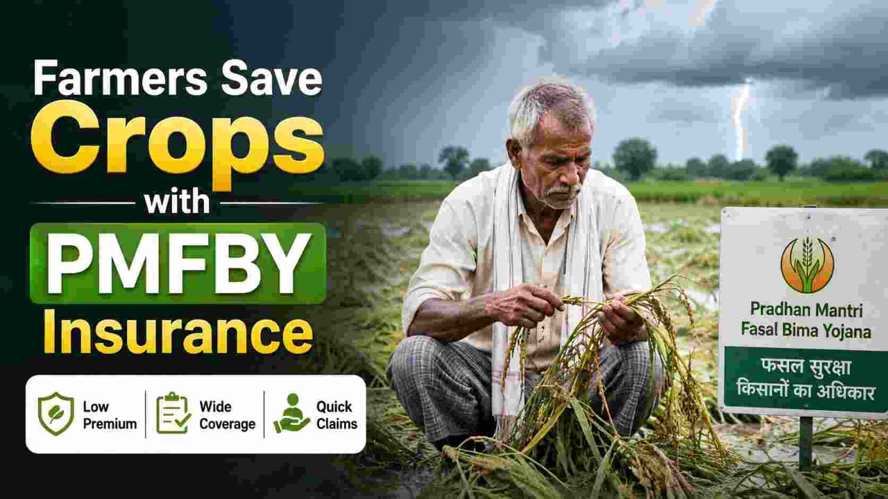 Farmer inspecting crop damage with PMFBY awareness banner