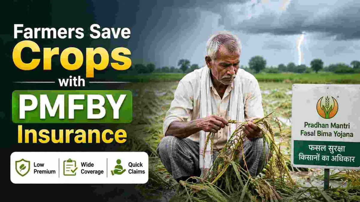 Farmer inspecting crop damage with PMFBY awareness banner