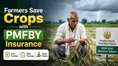 Farmer inspecting crop damage with PMFBY awareness banner