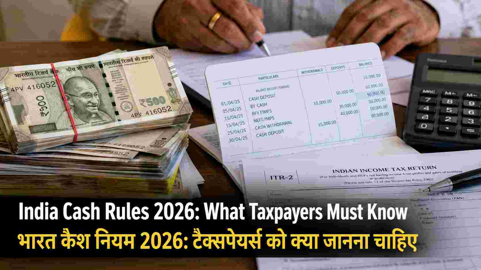 Real image of Indian currency notes placed beside a bank passbook, PAN card, and Income Tax documents illustrating India's cash holding and reporting rules in 2026.