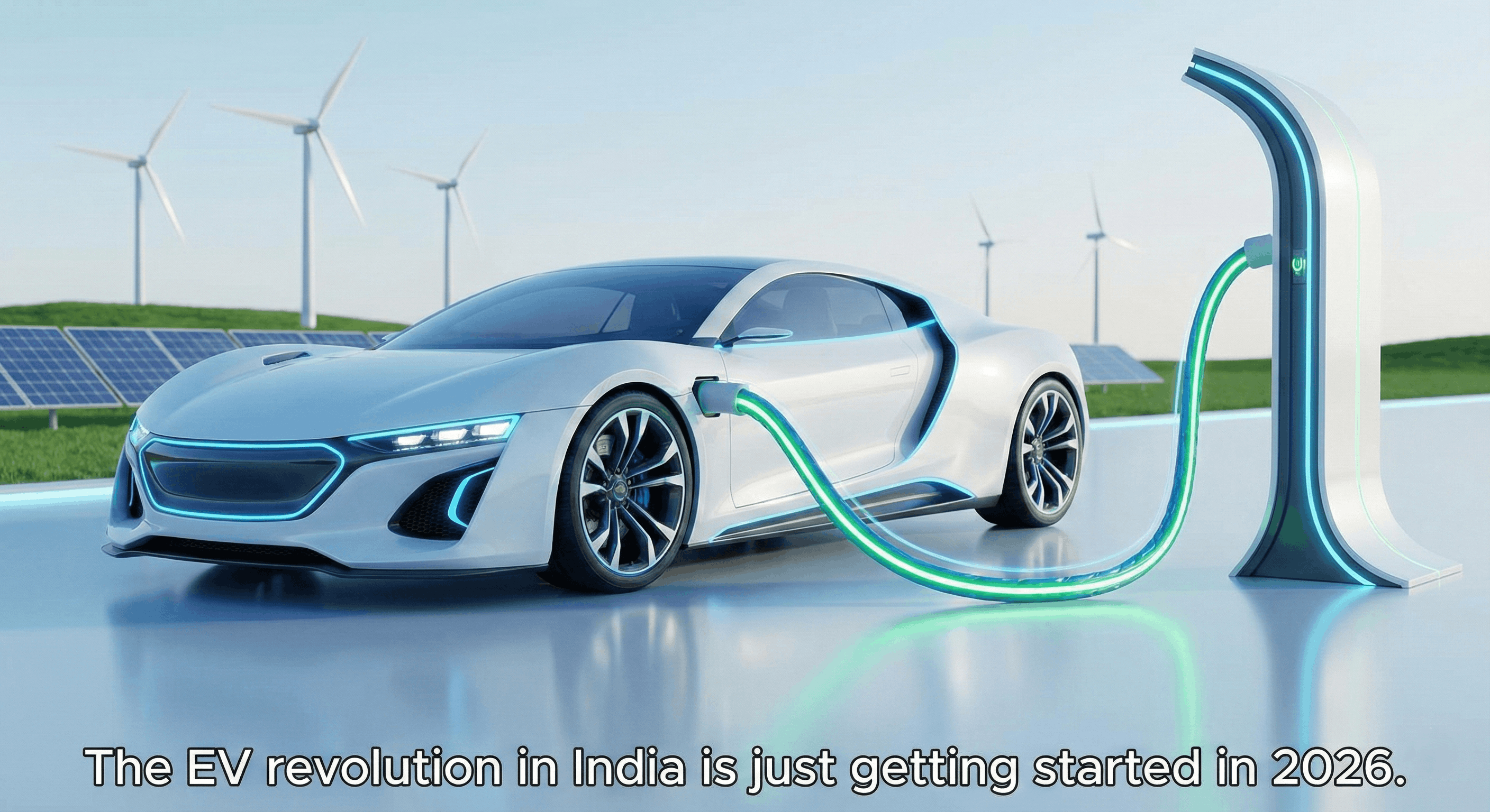 An electric car charging at a futuristic station with a green leaf symbol.