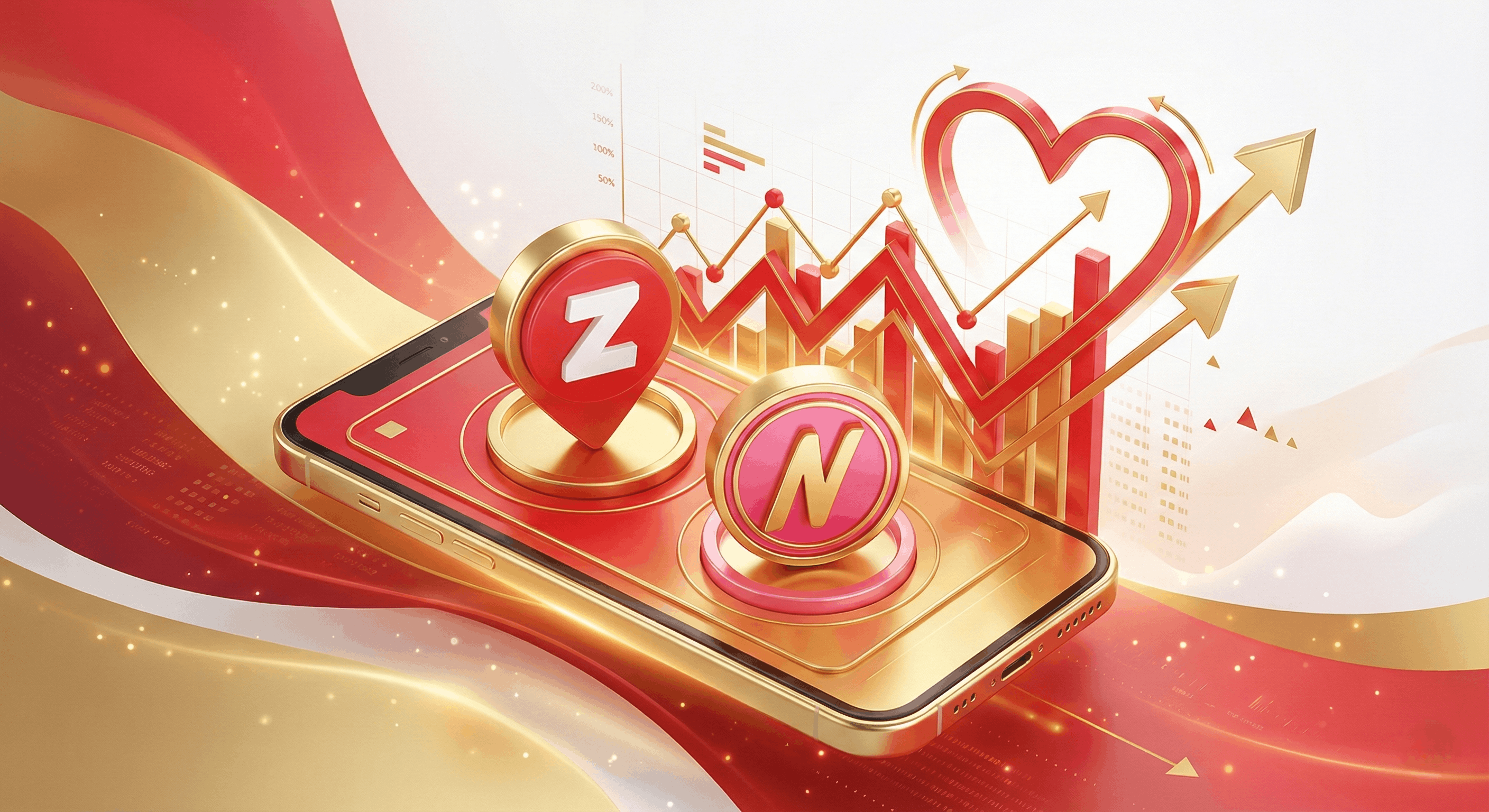 Stock market graph mixed with shopping bags and heart symbols.