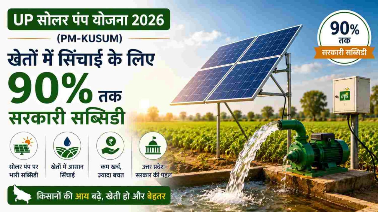 Solar water pump irrigating farmland under UP Solar Pump Yojana