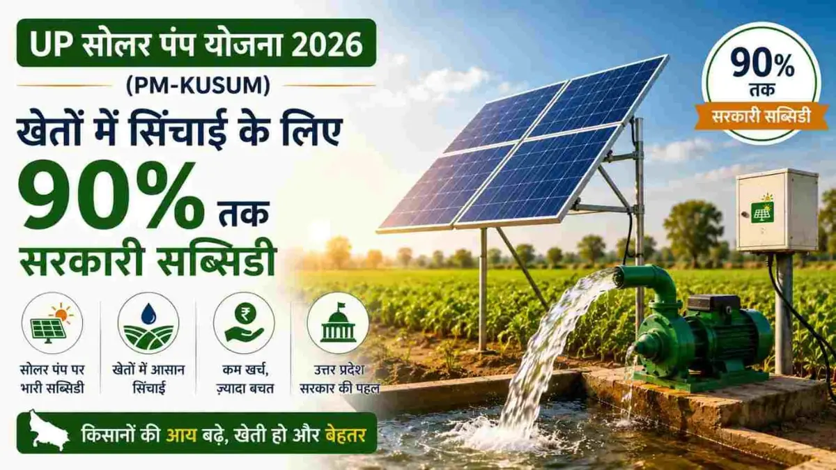 Solar water pump irrigating farmland under UP Solar Pump Yojana