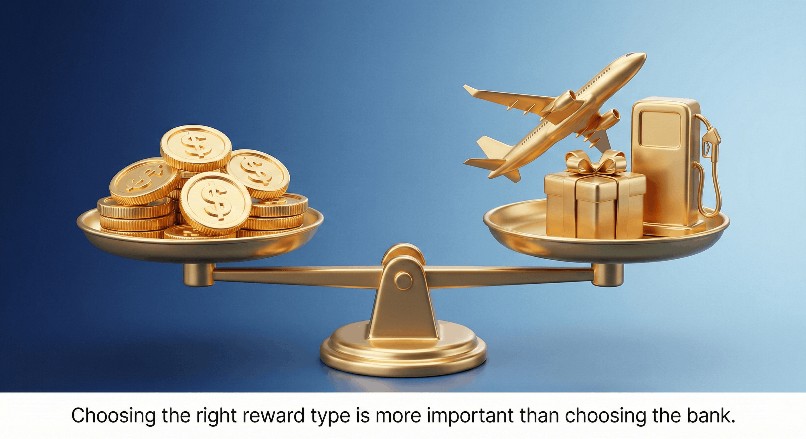 A balance scale weighing cash coins on one side and airplane/gift icons on the other.