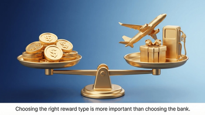 A balance scale weighing cash coins on one side and airplane/gift icons on the other.