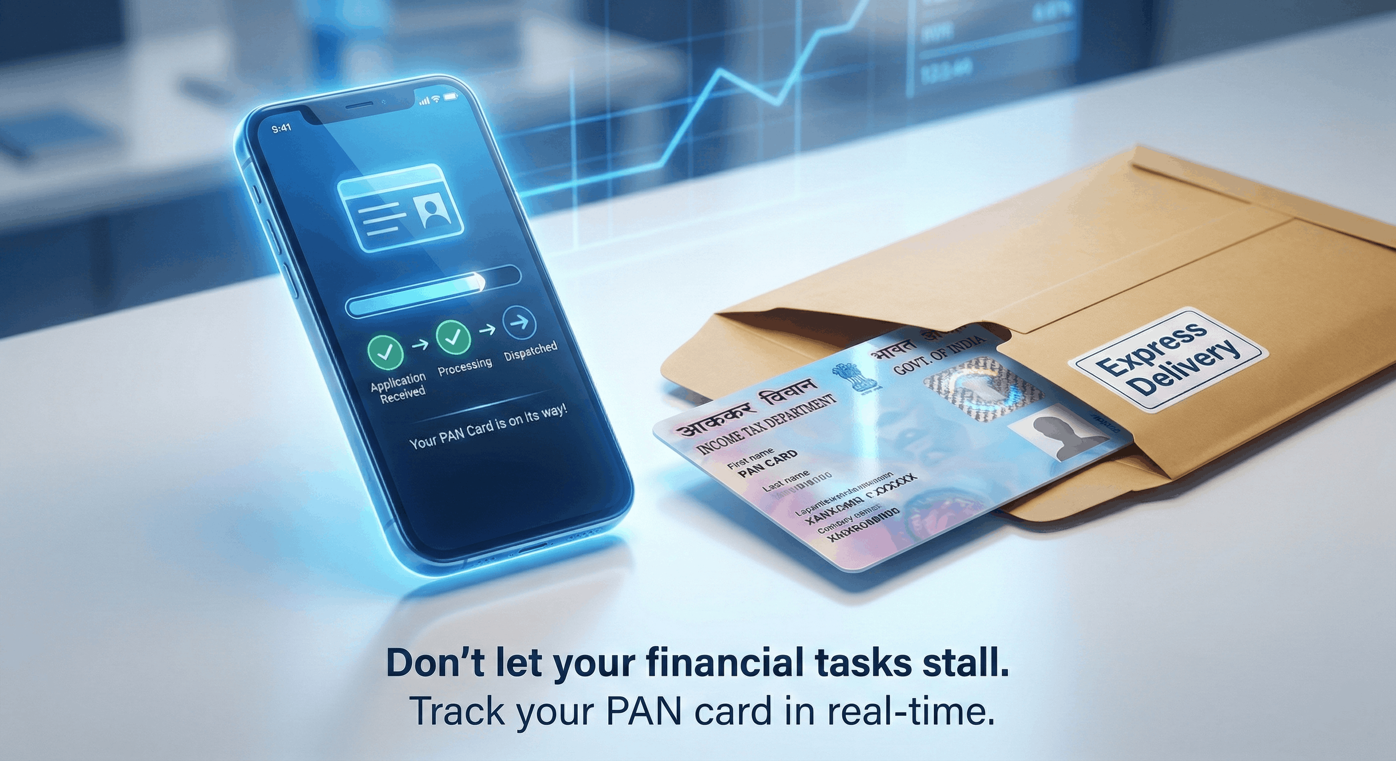 A smartphone screen showing a live delivery tracking map for a PAN Card with a green checkmark.
