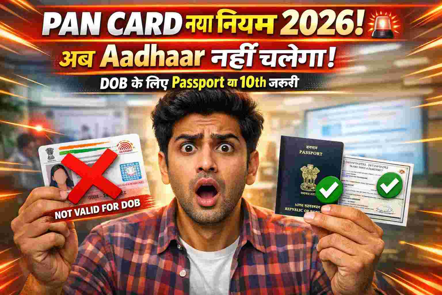 Indian man checking documents for PAN card after new rule requiring passport or 10th certificate for date of birth proof.