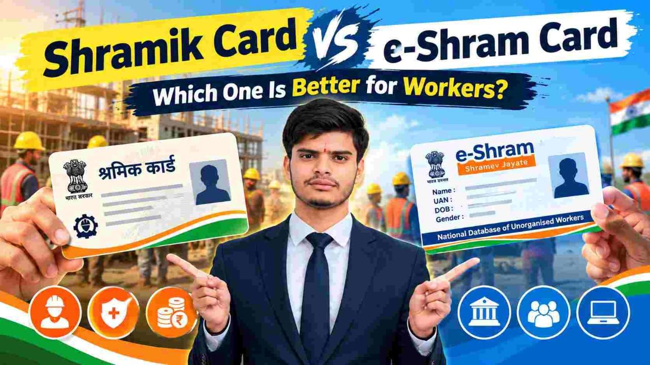 Construction worker comparing Shramik Card and e-Shram Card registration process