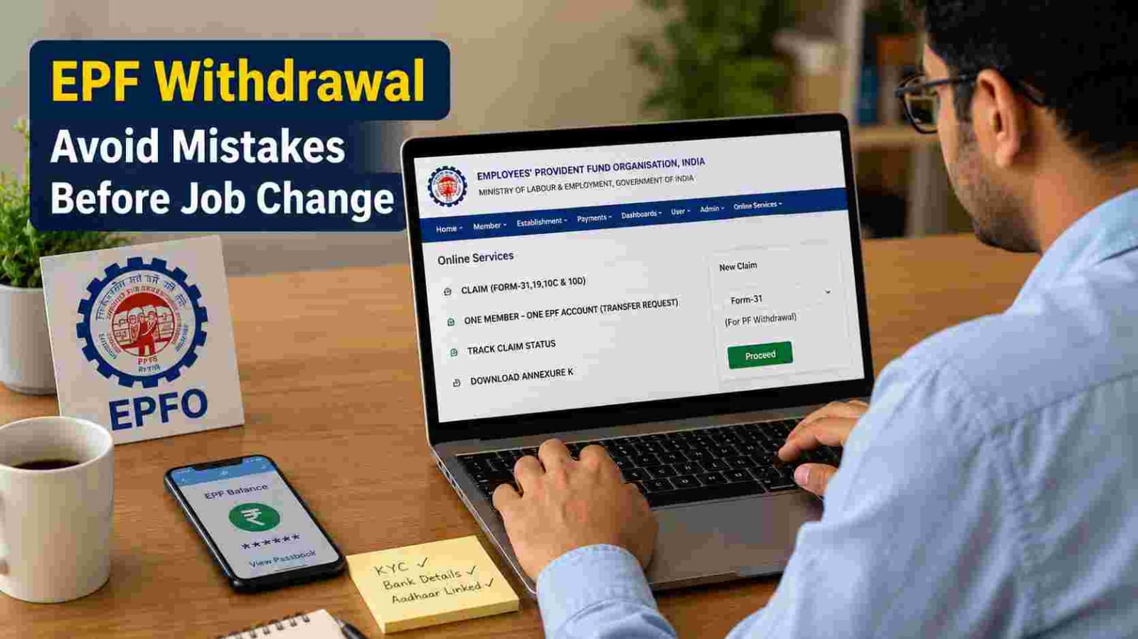 Private employee checking EPF withdrawal eligibility and claim status before changing jobs using the EPFO portal.