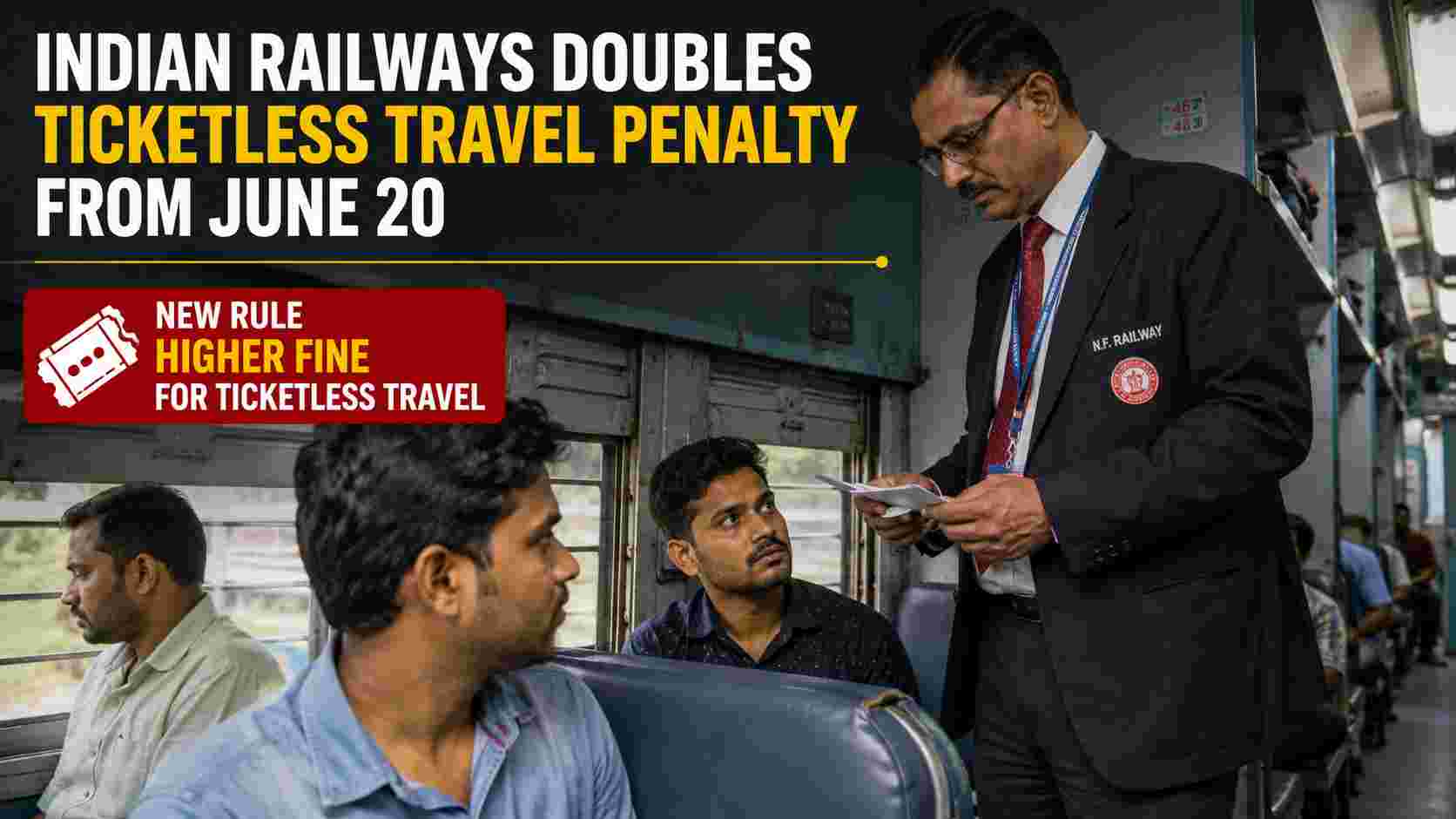 A ticket checker inspecting passengers at an Indian railway station after a new penalty rule announcement.