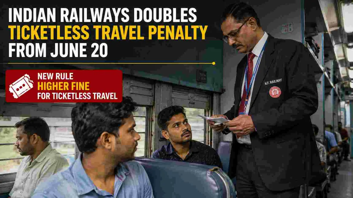 A ticket checker inspecting passengers at an Indian railway station after a new penalty rule announcement.