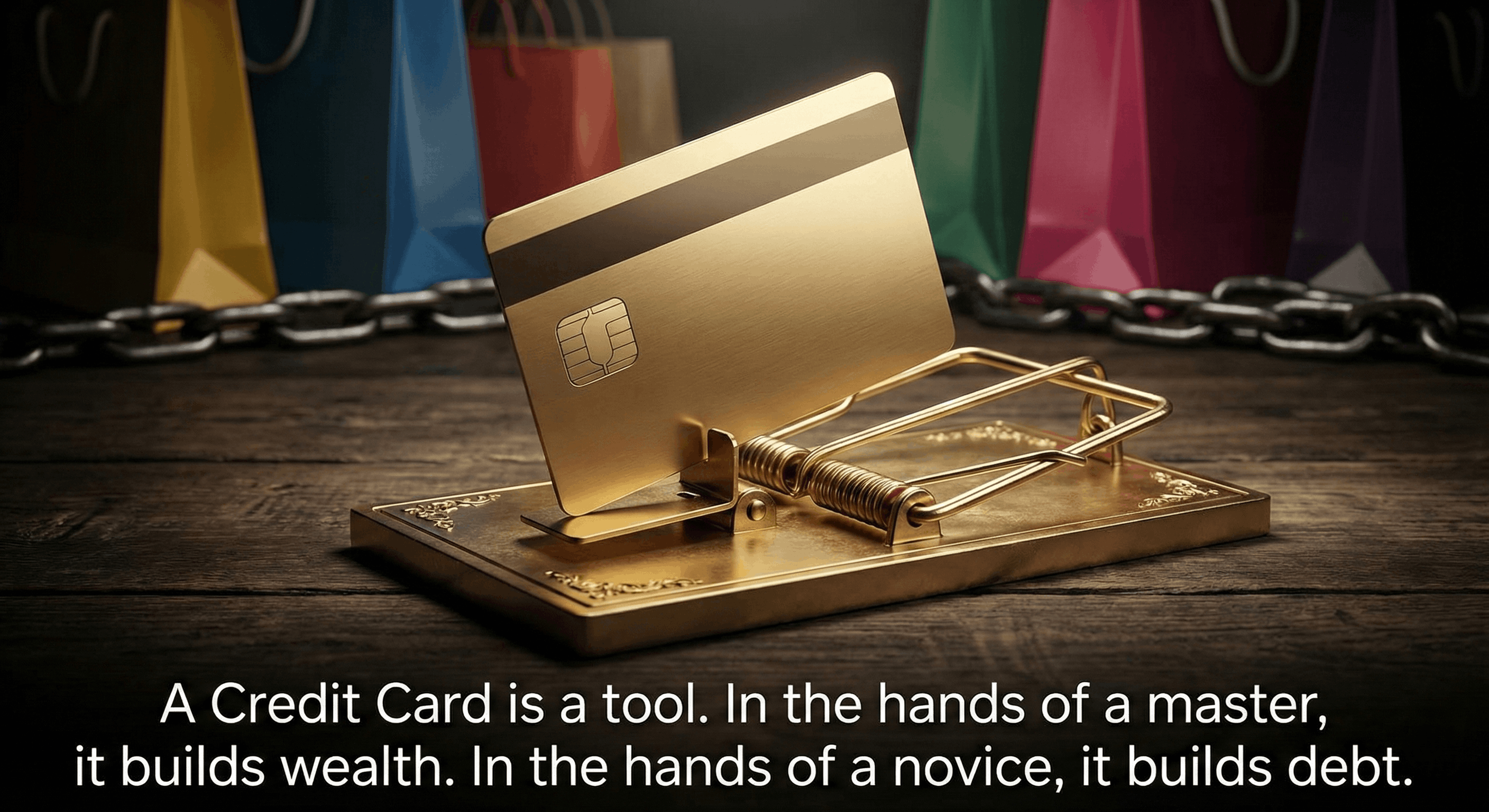 A credit card resting on a mousetrap, symbolizing the risk and reward.