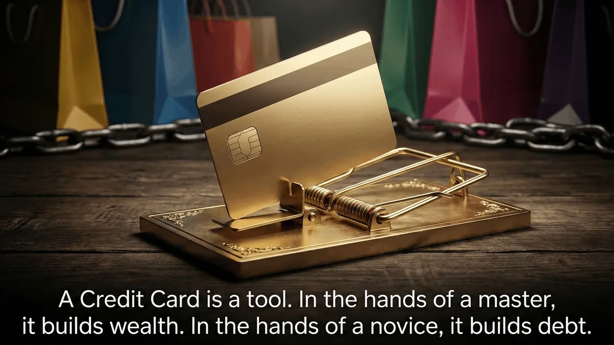 A credit card resting on a mousetrap, symbolizing the risk and reward.