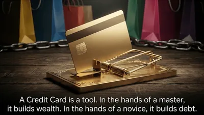A credit card resting on a mousetrap, symbolizing the risk and reward.