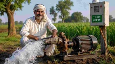 Farmer operating a 7.5 HP agricultural pump under Maharashtra's free electricity scheme