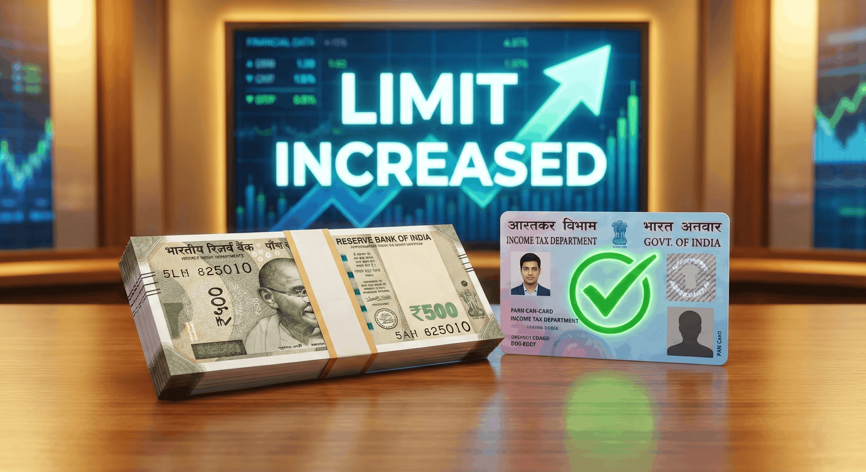 500 Rupee notes stack with a green arrow indicating limit increase.