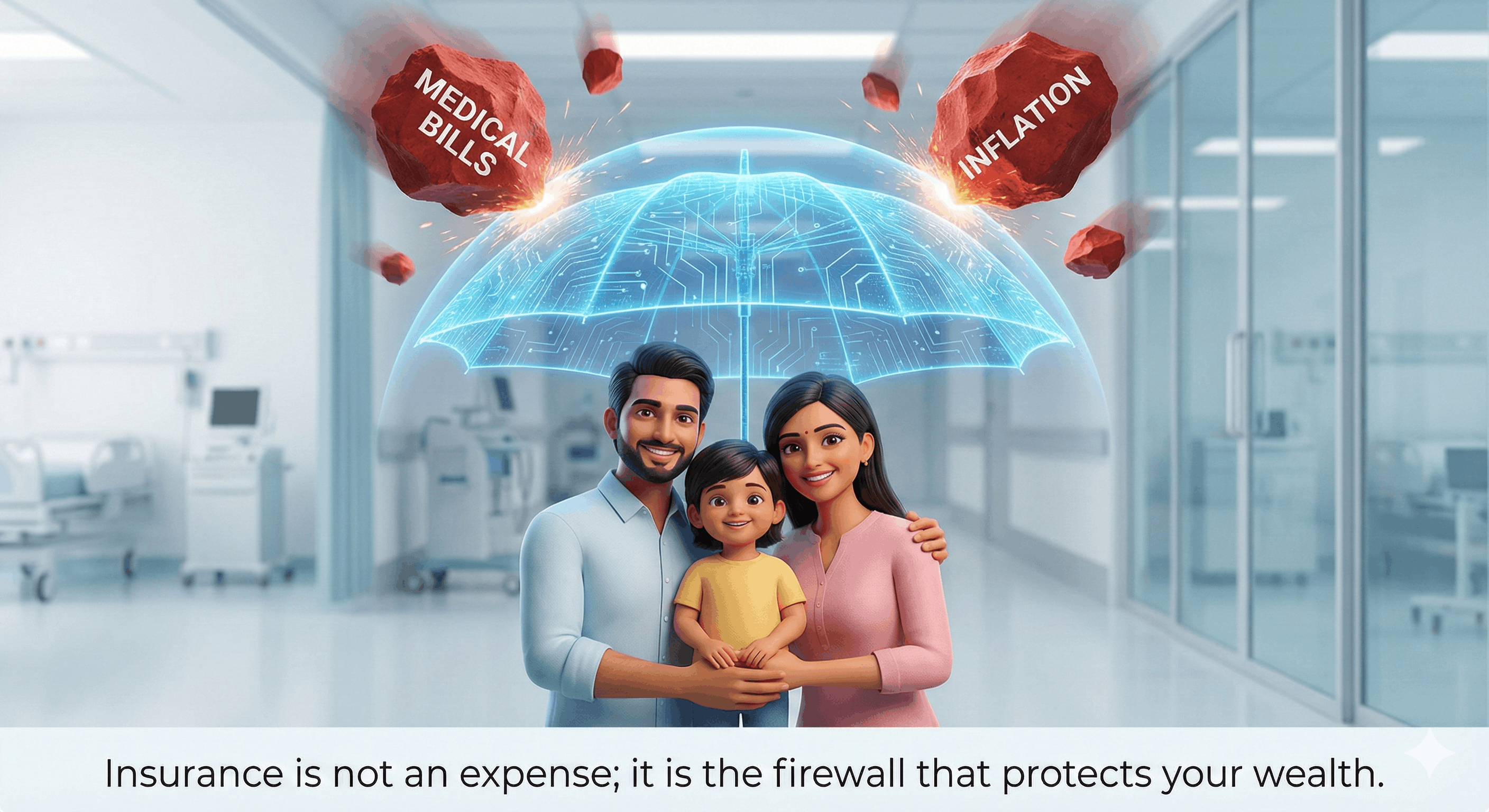 A protective umbrella shielding a family from a rain of medical bills.