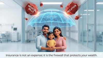 A protective umbrella shielding a family from a rain of medical bills.