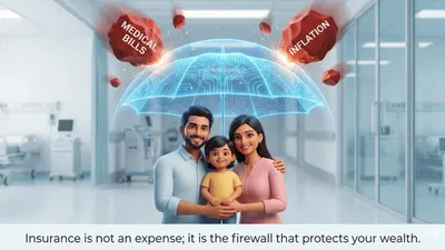 A protective umbrella shielding a family from a rain of medical bills.