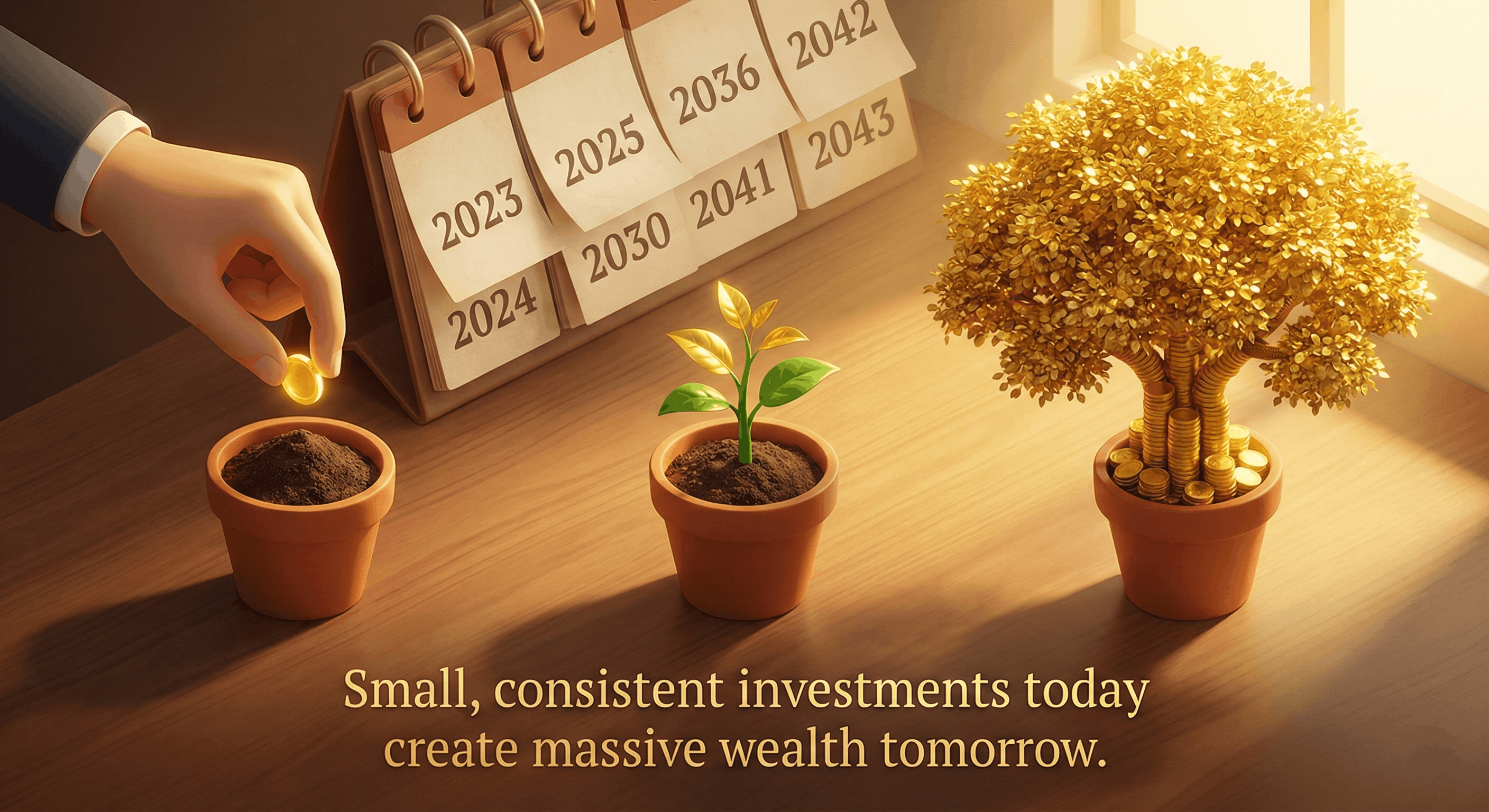 A small plant growing into a large money tree with a calendar in the background.